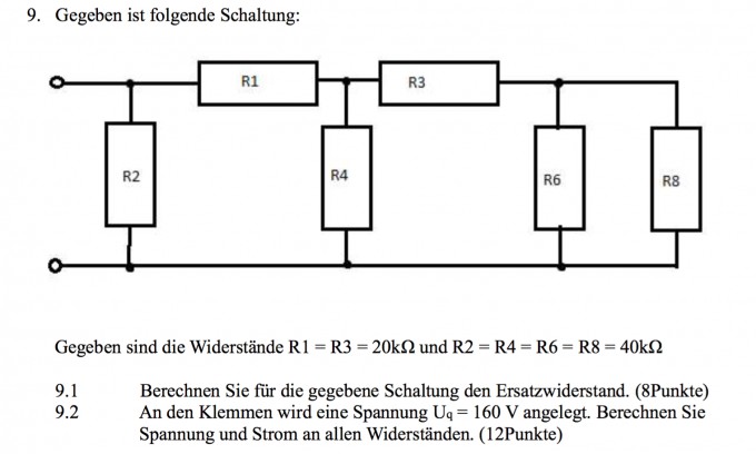 Schaltung mit 6 Widerständen. Spannung und Strom berechnen ...